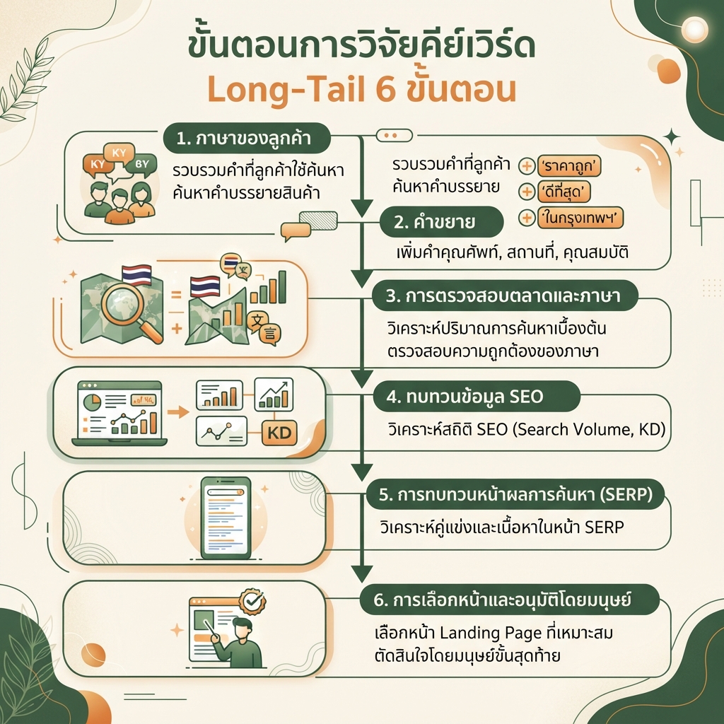 เวิร์กโฟลว์วิจัยคีย์เวิร์ดแบบหางยาวหกขั้นตอน จากภาษาของลูกค้า ผ่านการตรวจตลาดและภาษา การทบทวนข้อมูลและ SERP การเลือกหน้า ไปจนถึงการอนุมัติโดยมนุษย์