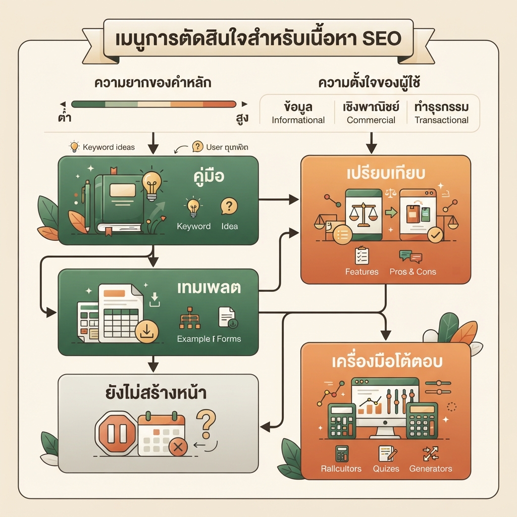 เมทริกซ์การตัดสินใจแสดงว่าคำค้นเฉพาะควรเป็นคู่มือ การเปรียบเทียบ เทมเพลต เครื่องมือเชิงโต้ตอบ หรือยังไม่ควรสร้างหน้าใหม่