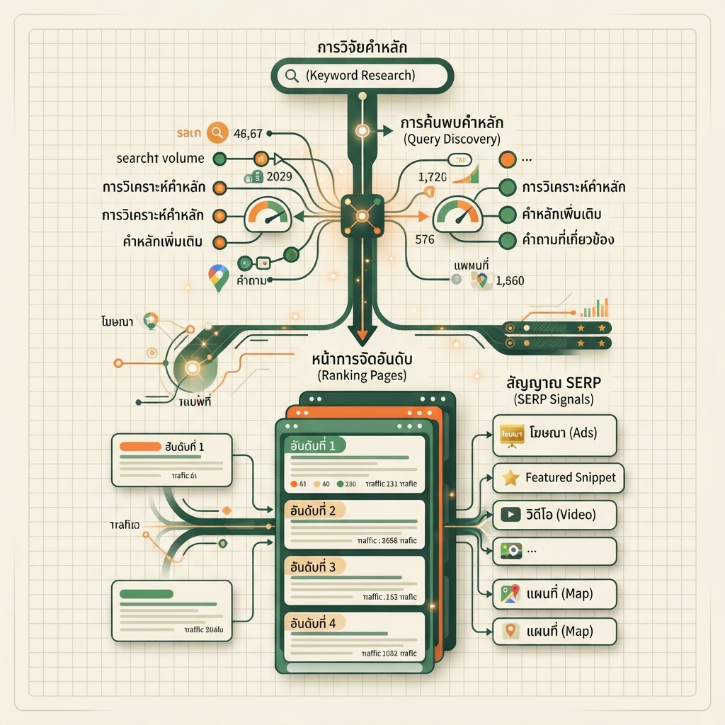 อินโฟกราฟิกบรรณาธิการภาษาไทยสำหรับการวิจัยคีย์เวิร์ดผ่าน Ahrefs API แสดงการค้นพบคำค้น หน้าที่ติดอันดับ และสัญญาณ SERP
