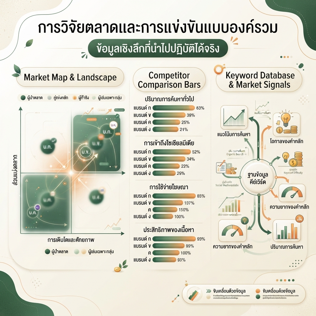อินโฟกราฟิกบรรณาธิการภาษาไทยสำหรับการวิจัยตลาดและคู่แข่งผ่าน Semrush แสดงแผนที่ตลาด แถบเปรียบเทียบคู่แข่ง และสัญญาณฐานข้อมูลคีย์เวิร์ด