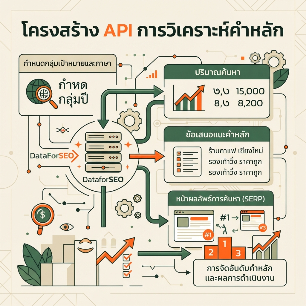 อินโฟกราฟิกบรรณาธิการภาษาไทยสำหรับการวิจัยแบบมีโครงสร้างใน DataForSEO จากตลาดและภาษาไปยังปริมาณค้นหา คำแนะนำคีย์เวิร์ด SERP และคีย์เวิร์ดที่ติดอันดับ