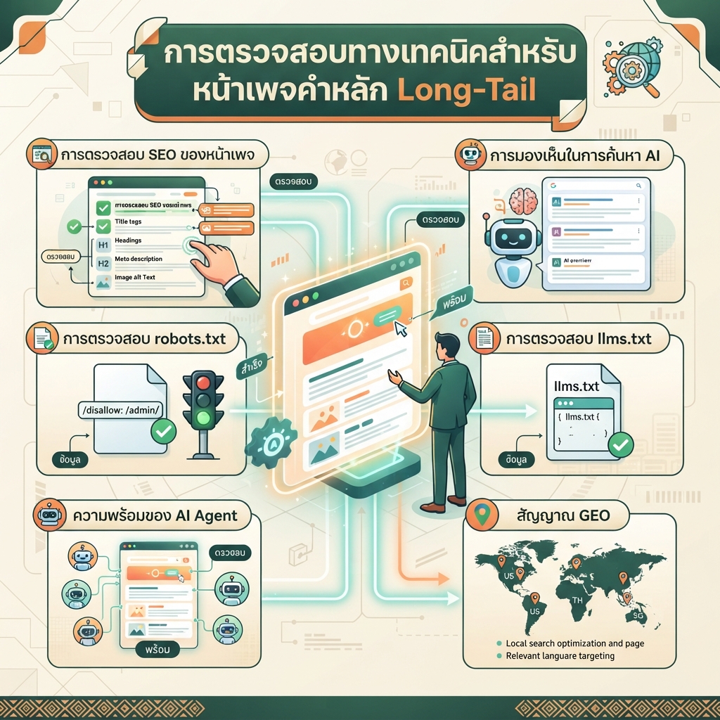 อินโฟกราฟิกบรรณาธิการภาษาไทยสำหรับการตรวจทางเทคนิคของ Auspia หลังสร้างหน้าคีย์เวิร์ดแบบหางยาว แสดง SEO การมองเห็นใน AI search robots.txt llms.txt ความพร้อมของเอเจนต์ และสัญญาณ GEO