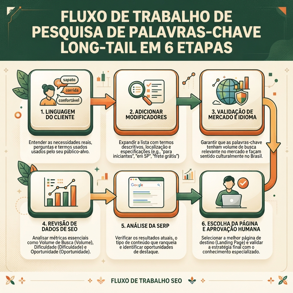 Fluxo de pesquisa de palavras-chave de cauda longa em seis etapas, da linguagem do cliente a verificacoes de mercado e idioma, revisao de dados e SERP, escolha da pagina e aprovacao humana.