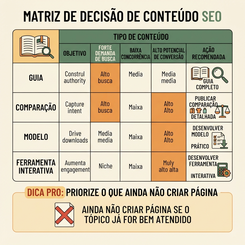 Matriz de decisao que mostra quando uma consulta especifica deve virar guia, comparacao, modelo, ferramenta interativa ou nenhuma pagina nova por enquanto.