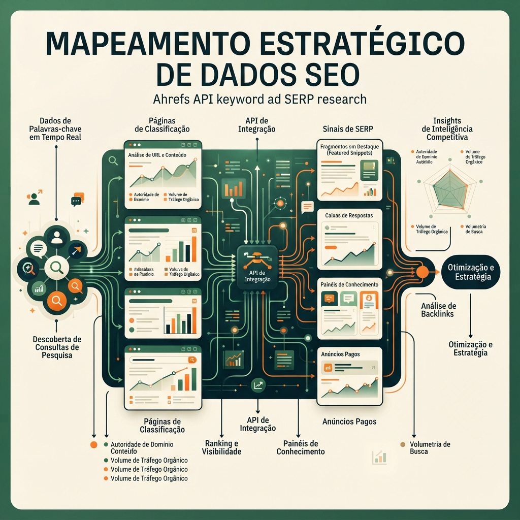 Infografico editorial em portugues brasileiro sobre pesquisa de palavras-chave com a API Ahrefs, mostrando descoberta de consultas, paginas ranqueadas e sinais de SERP.