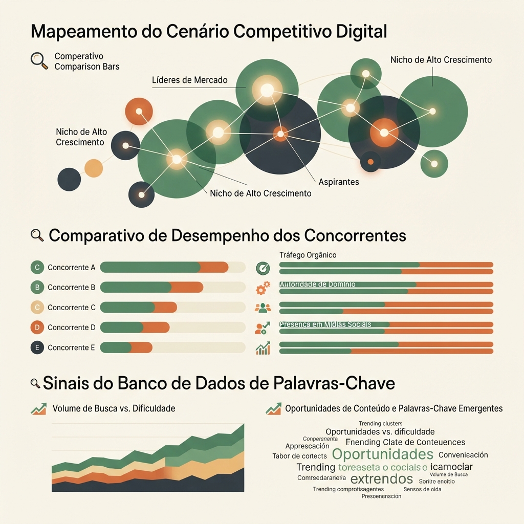 Infografico editorial em portugues brasileiro sobre pesquisa de mercado e concorrentes com Semrush, mostrando mapa de mercado, barras comparativas e sinais de banco de palavras-chave.