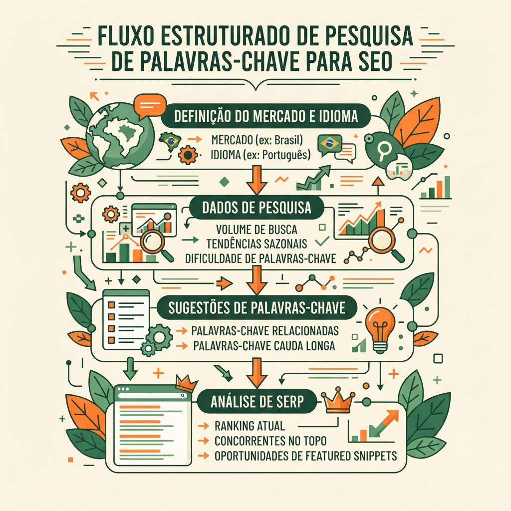 Infografico editorial em portugues brasileiro de pesquisa estruturada com DataForSEO, do mercado e idioma ao volume de busca, sugestoes de palavras-chave, SERP e palavras ranqueadas.