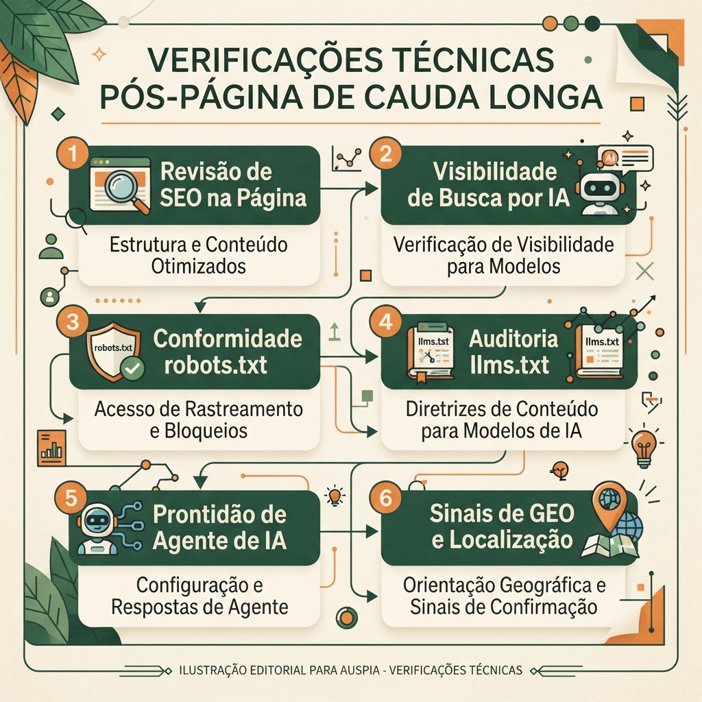 Infografico editorial em portugues brasileiro para verificacoes tecnicas do Auspia apos criar uma pagina de palavra-chave de cauda longa: SEO, visibilidade em busca por AI, robots.txt, llms.txt, preparo de agentes e sinais GEO.