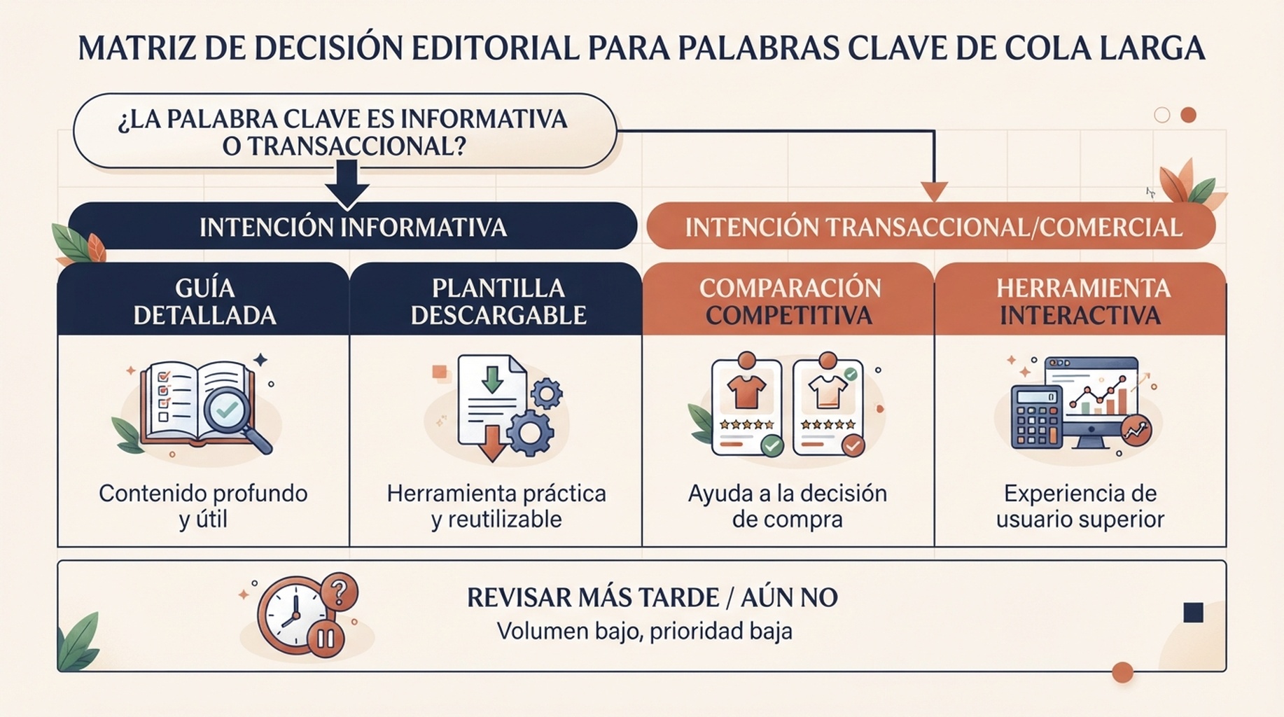 Matriz de decisión que muestra cuándo una consulta específica debe convertirse en guía, comparación, plantilla, herramienta interactiva o ninguna página nueva por ahora.