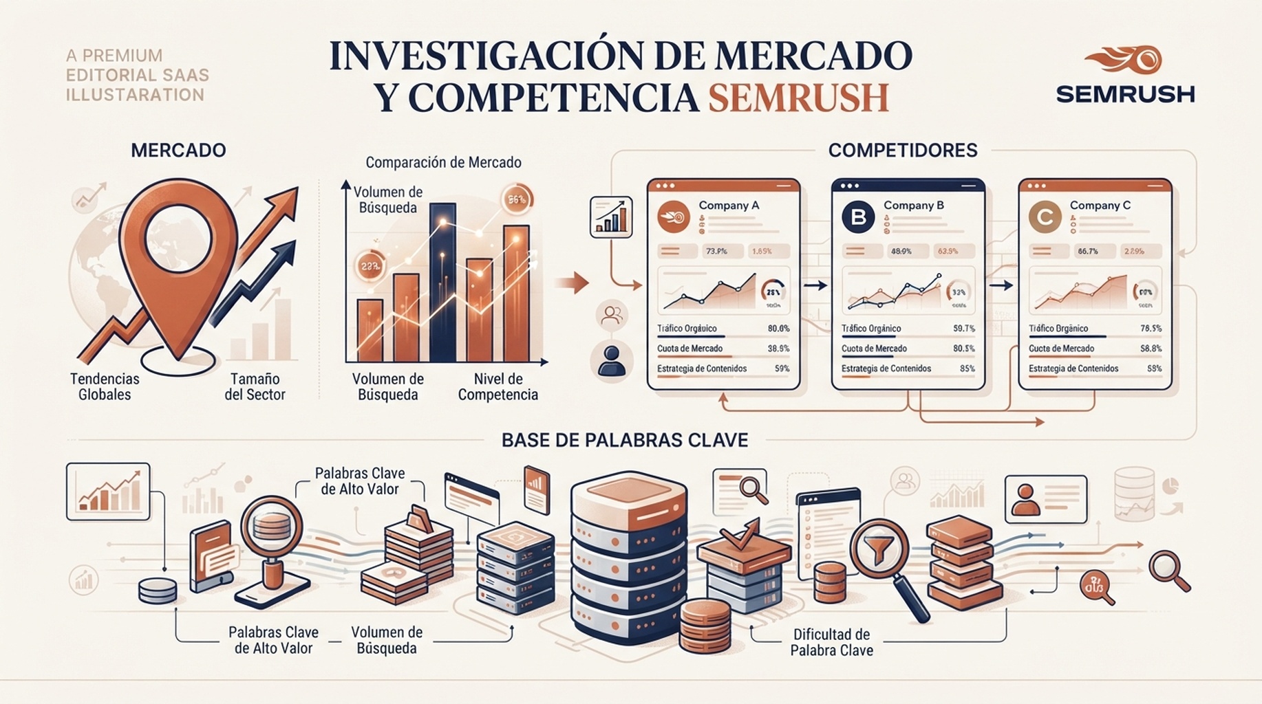 Infografía editorial en español sobre investigación de mercado y competidores con Semrush, que muestra un mapa de mercado, barras comparativas y señales de base de palabras clave.