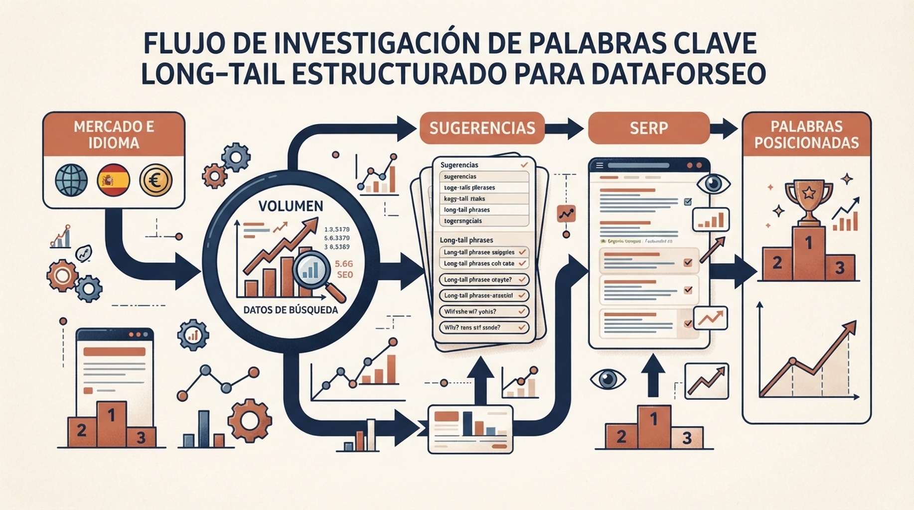 Infografía editorial en español sobre investigación estructurada con DataForSEO, desde mercado e idioma hasta volumen de búsqueda, sugerencias, SERP y palabras posicionadas.