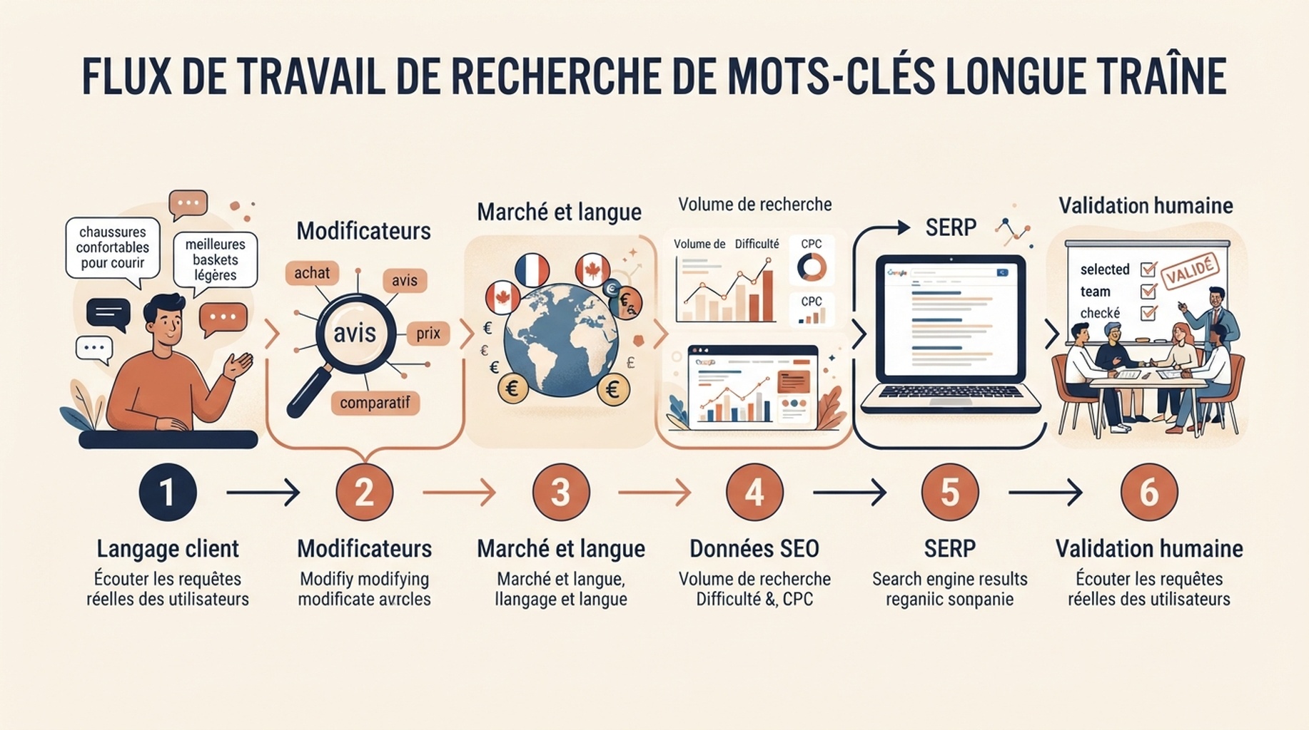 Workflow de recherche de mots-clés de longue traîne en six étapes, du langage client aux contrôles de marché et de langue, à la revue des données et SERP, au choix de page et à l'approbation humaine.