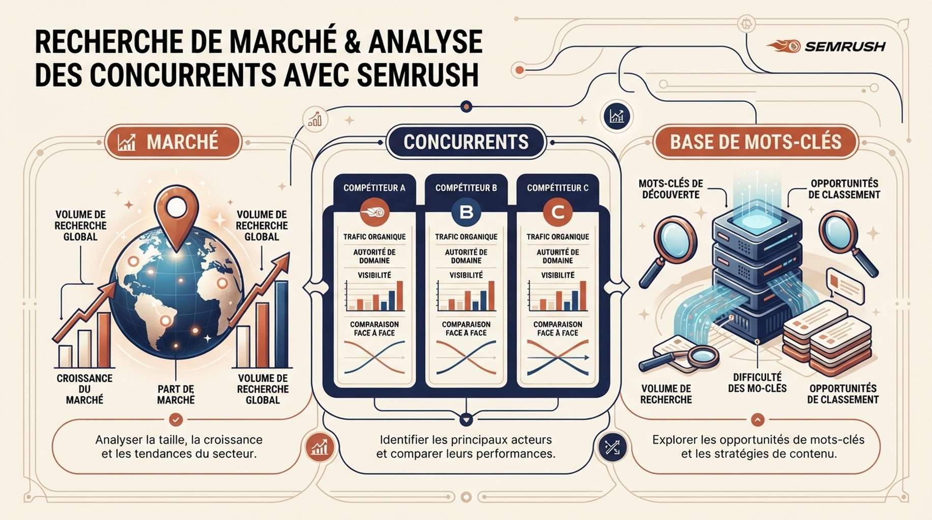 Infographie éditoriale française sur l'étude de marché et des concurrents avec Semrush, montrant une carte de marché, des barres de comparaison et les signaux d'une base de mots-clés.