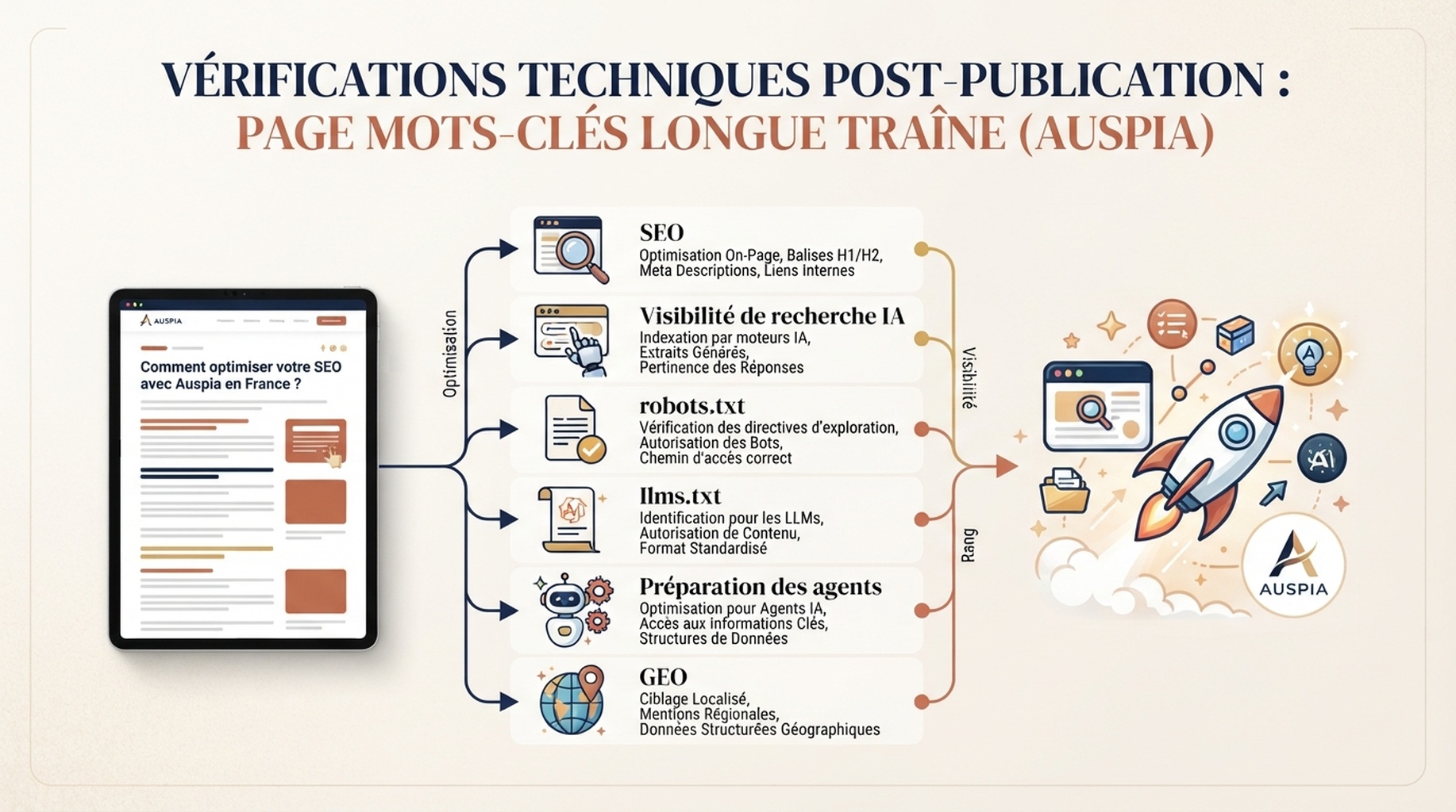 Infographie éditoriale française pour les contrôles techniques Auspia après création d'une page de mot-clé longue traîne : SEO, visibilité de recherche AI, robots.txt, llms.txt, préparation des agents et signaux GEO.