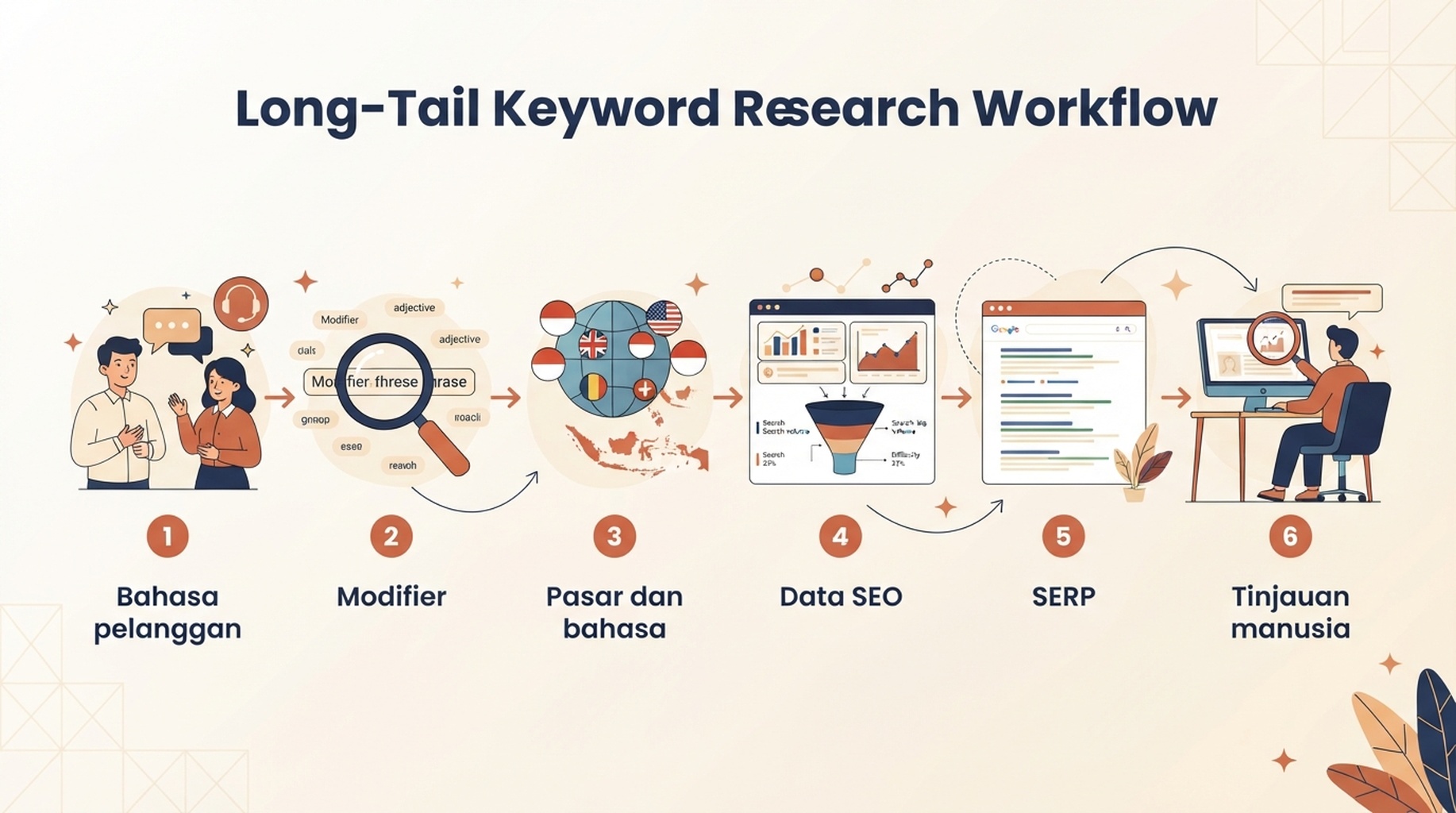 Workflow riset kata kunci long-tail enam langkah, dari bahasa pelanggan melalui pemeriksaan pasar dan bahasa, peninjauan data dan SERP, pemilihan halaman, hingga persetujuan manusia.