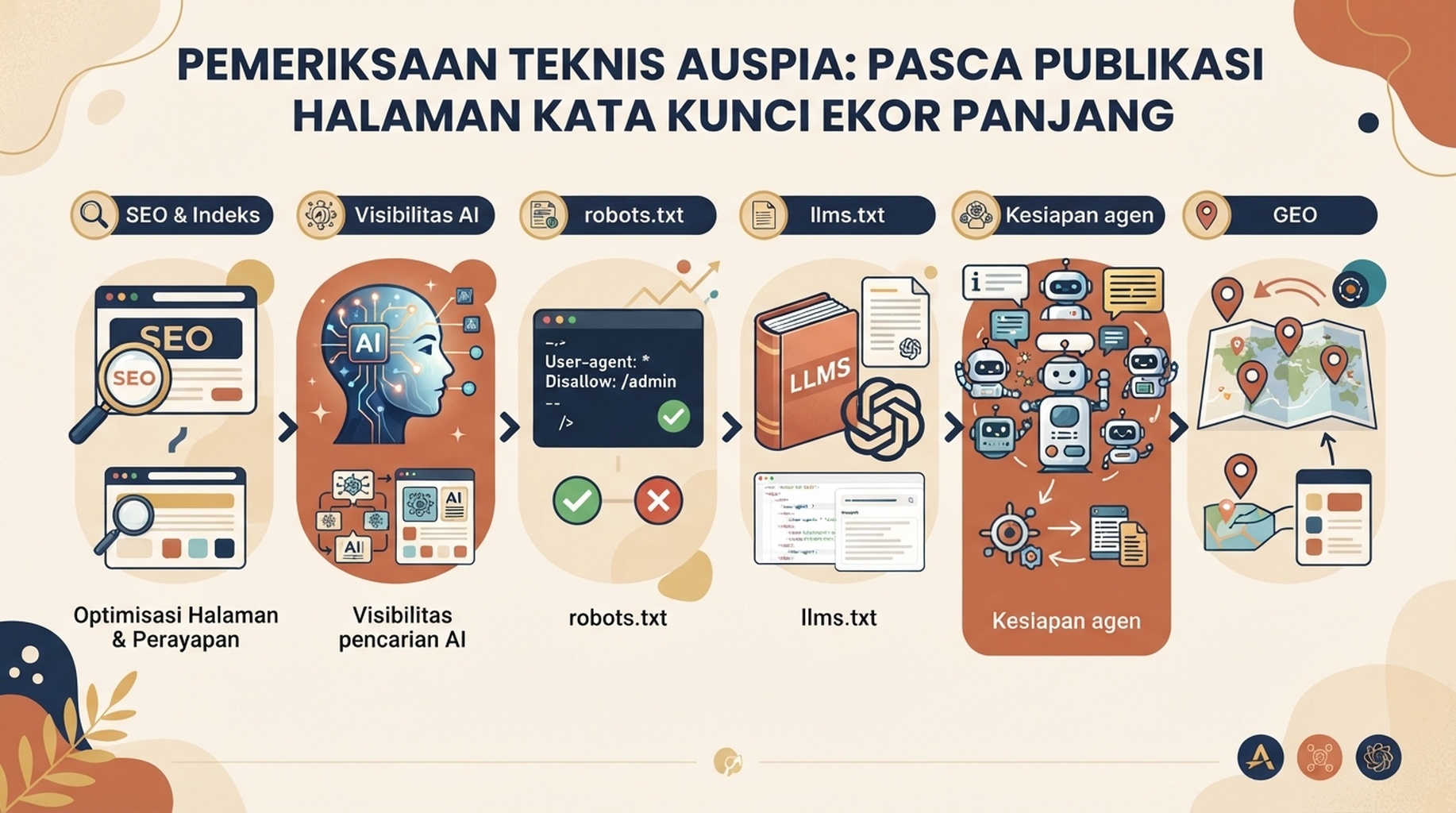 Infografik editorial berbahasa Indonesia untuk pemeriksaan teknis Auspia setelah membuat halaman kata kunci long-tail: SEO, visibilitas pencarian AI, robots.txt, llms.txt, kesiapan agen, dan sinyal GEO.