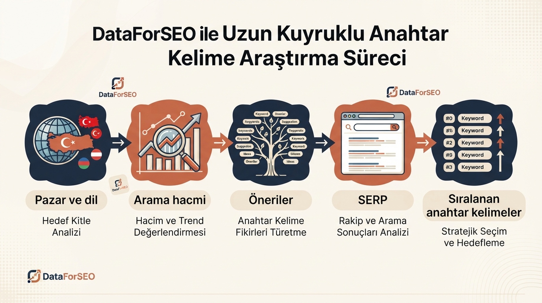 DataForSEO ile yapılandırılmış araştırma için Türkçe editoryal infografik; pazar ve dilden arama hacmi, öneriler, SERP ve sıralanan anahtar kelimelere uzanır.