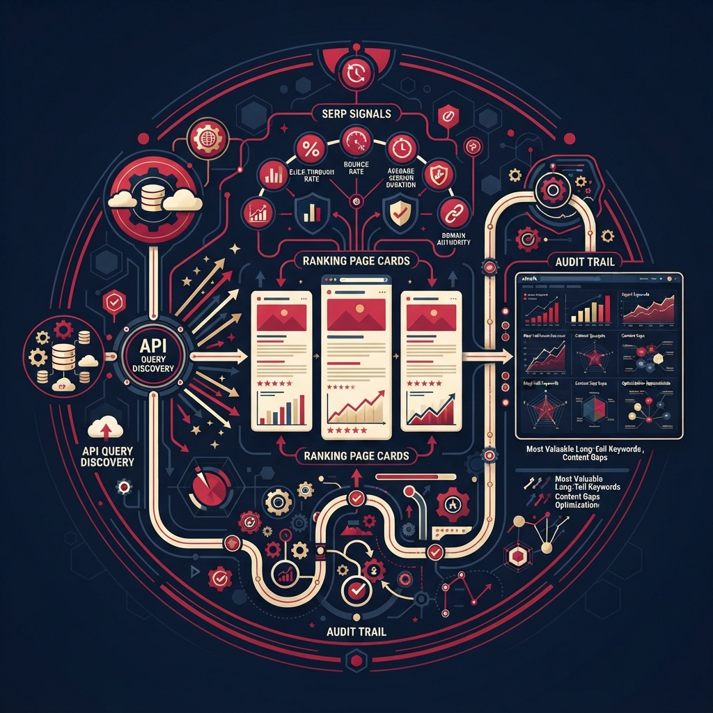 Polska infografika redakcyjna dotycząca badania długich fraz przez Ahrefs API: odkrywanie zapytań, strony rankujące i sygnały SERP.