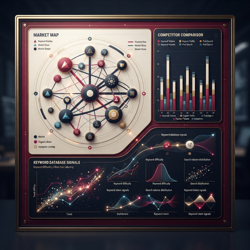 Polska infografika redakcyjna do badania rynku i konkurentów w Semrush: mapa rynku, paski porównawcze konkurentów i sygnały bazy słów kluczowych.