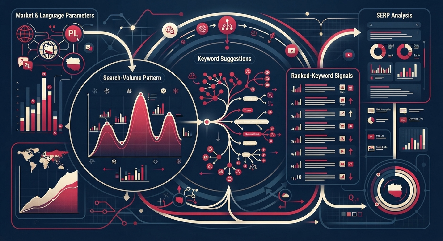Polska infografika redakcyjna do ustrukturyzowanych badań DataForSEO: parametry rynku i języka, wolumen wyszukiwania, sugestie, SERP oraz sygnały słów kluczowych rankujących.