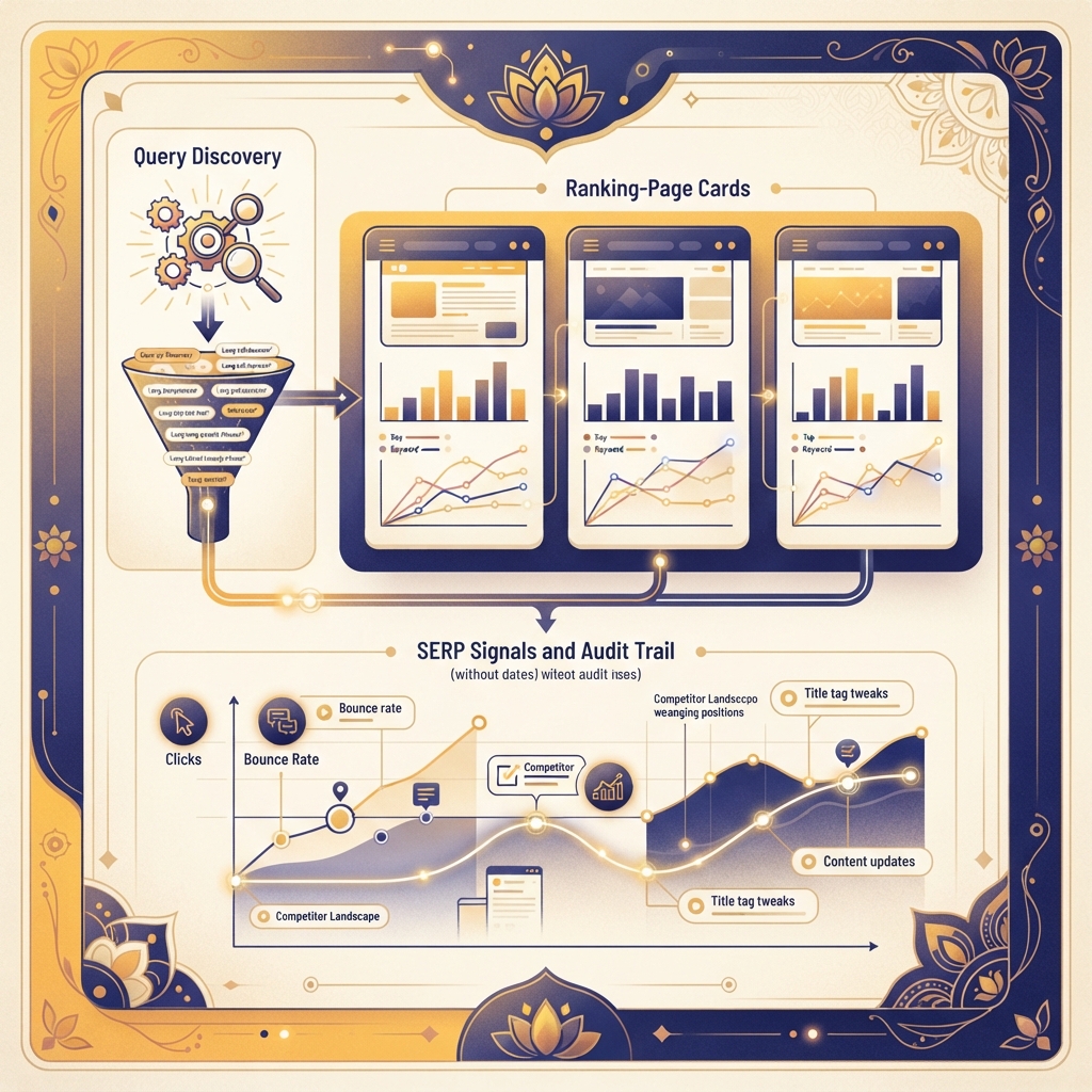 Ahrefs API से लॉन्ग-टेल कीवर्ड रिसर्च के लिए हिंदी editorial infographic: क्वेरी खोज, रैंकिंग पेज और SERP signals।