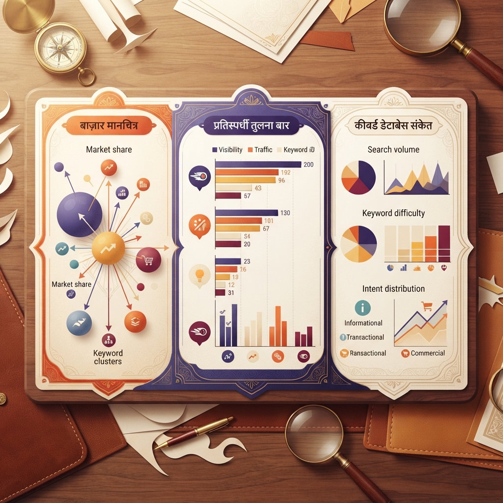 Semrush से बाजार और प्रतियोगी रिसर्च के लिए हिंदी editorial infographic: बाजार मानचित्र, competitor comparison bars और keyword database signals।