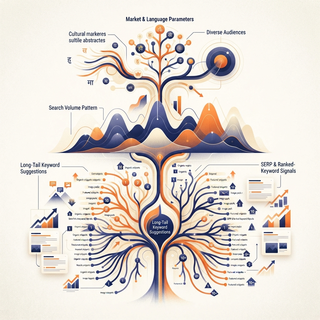 DataForSEO से structured रिसर्च के लिए हिंदी editorial infographic: market और language parameters, search volume, suggestions, SERP और ranked-keyword signals।