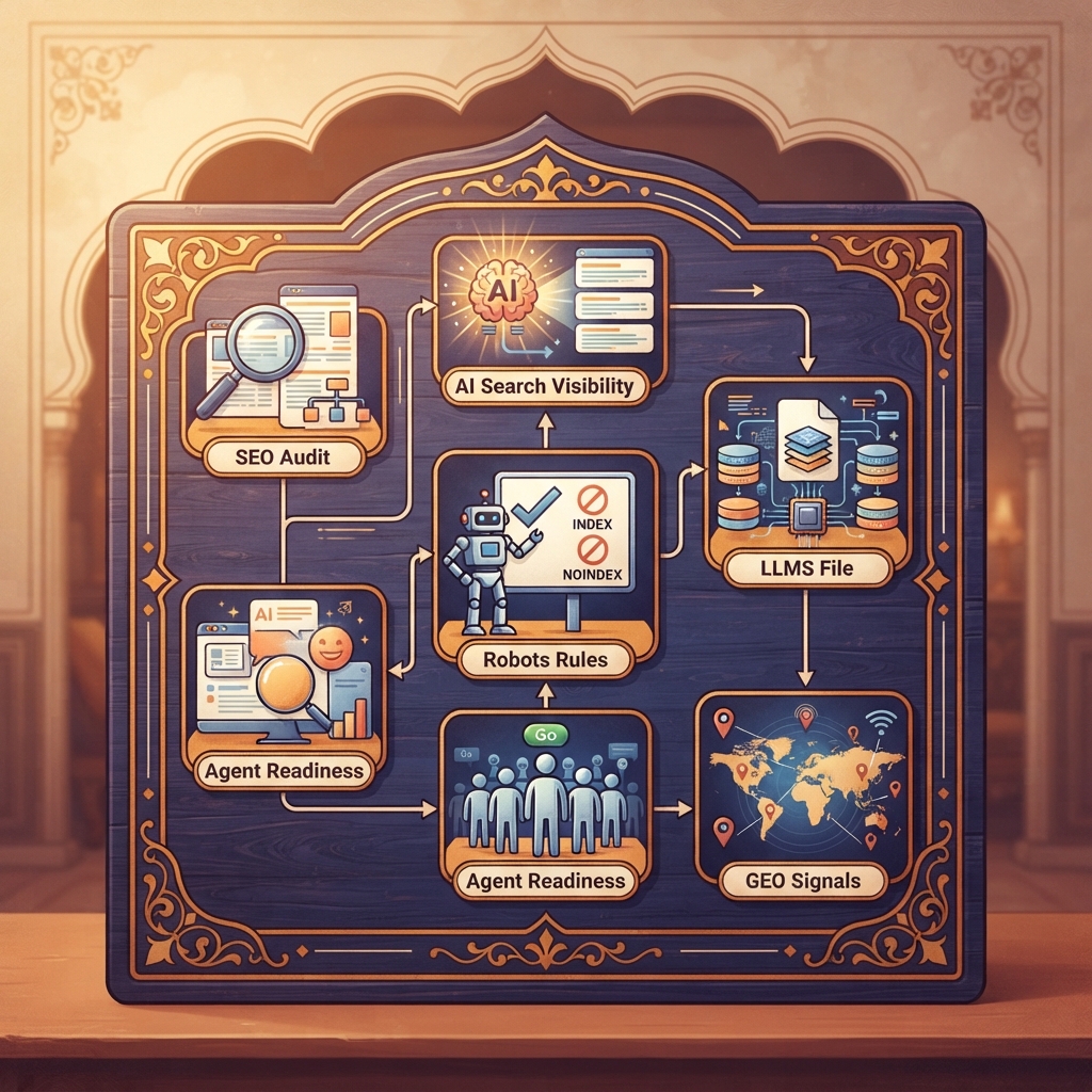 पेज प्रकाशित करने के बाद Auspia तकनीकी जांच के लिए हिंदी editorial infographic: SEO audit, AI search visibility, robots rules, llms file, agent readiness और GEO signals।