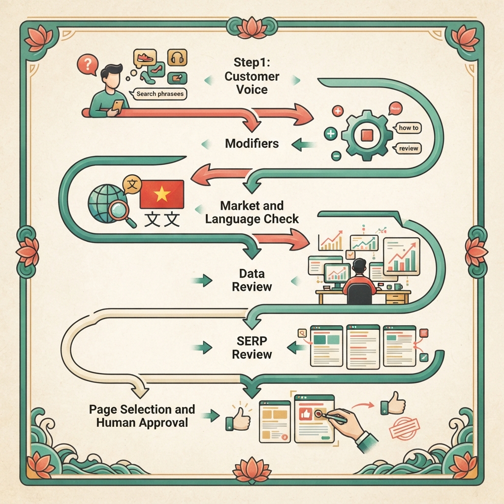Quy trình nghiên cứu từ khóa đuôi dài sáu bước, từ ngôn ngữ khách hàng qua kiểm tra thị trường và ngôn ngữ, xem xét dữ liệu và SERP, chọn trang đến phê duyệt của con người.