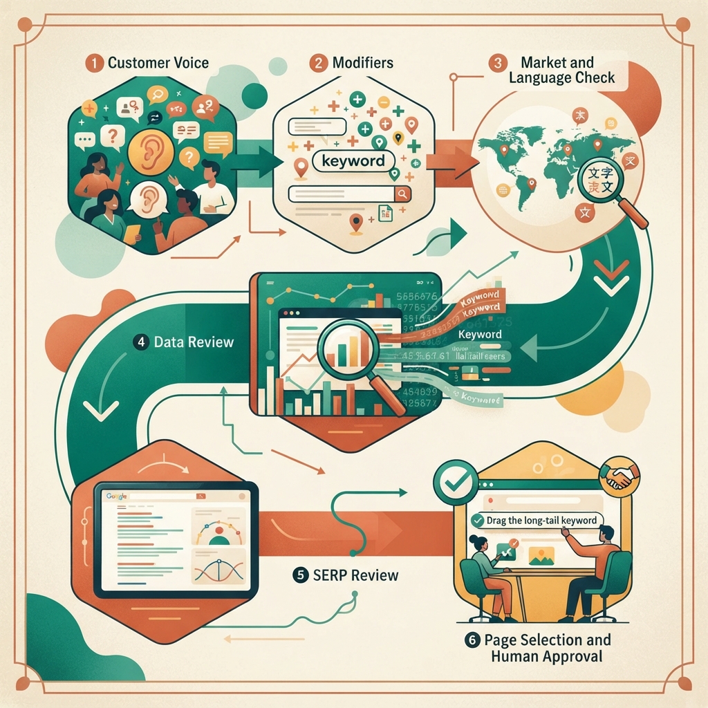 Workflow penyelidikan kata kunci ekor panjang enam langkah daripada bahasa pelanggan, pemeriksaan pasaran dan bahasa, semakan data dan SERP, pemilihan halaman hingga kelulusan manusia.