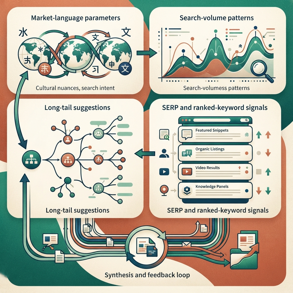 Infografik editorial bahasa Melayu untuk penyelidikan berstruktur dengan DataForSEO: parameter market dan language, search volume, cadangan, SERP dan isyarat kata kunci ranking.