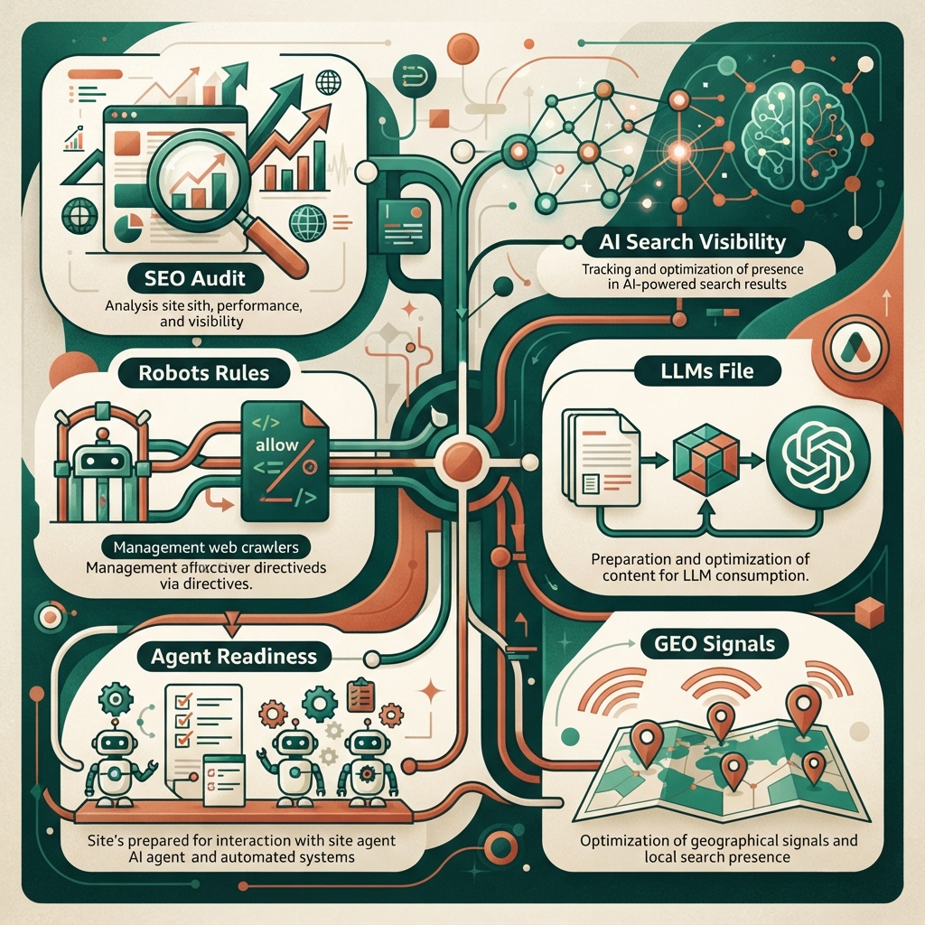Infografik editorial bahasa Melayu untuk semakan teknikal Auspia selepas menerbitkan halaman: audit SEO, keterlihatan AI search, peraturan robots, fail llms, kesediaan agent dan isyarat GEO.