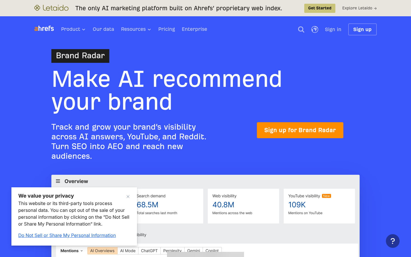 หน้าแรกสาธารณะของ Ahrefs Brand Radar แสดงตำแหน่งผลิตภัณฑ์การมองเห็น AI