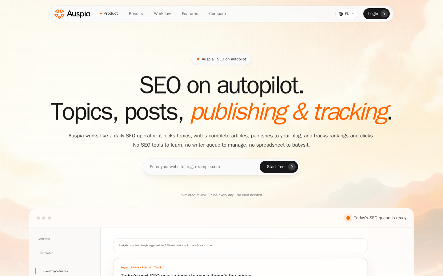 หน้าแรกสาธารณะของ Auspia แสดง workflow อัตโนมัติ SEO