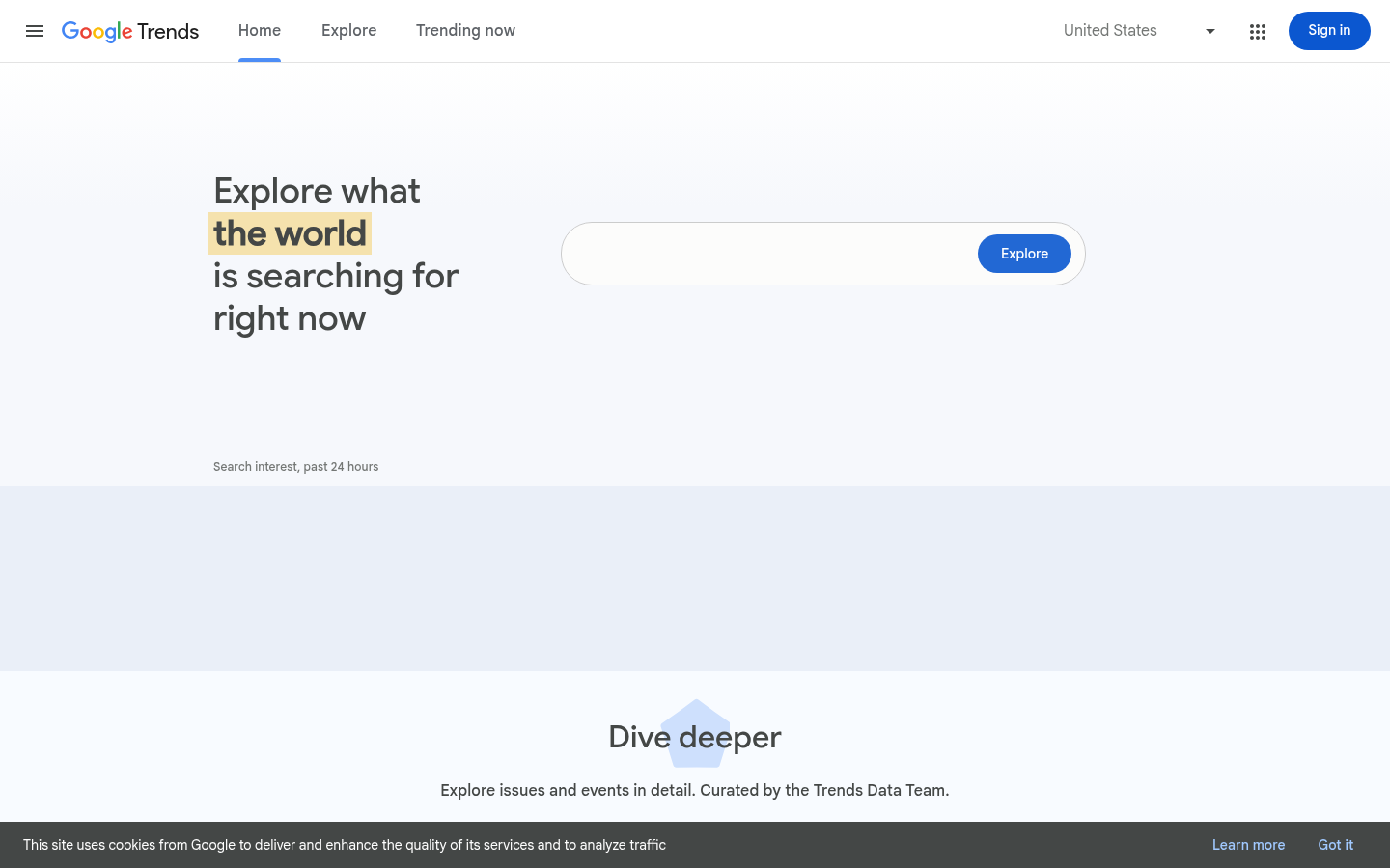 หน้าแรกสาธารณะของ Google Trends พร้อมอินเตอร์เฟซค้นหา Explore