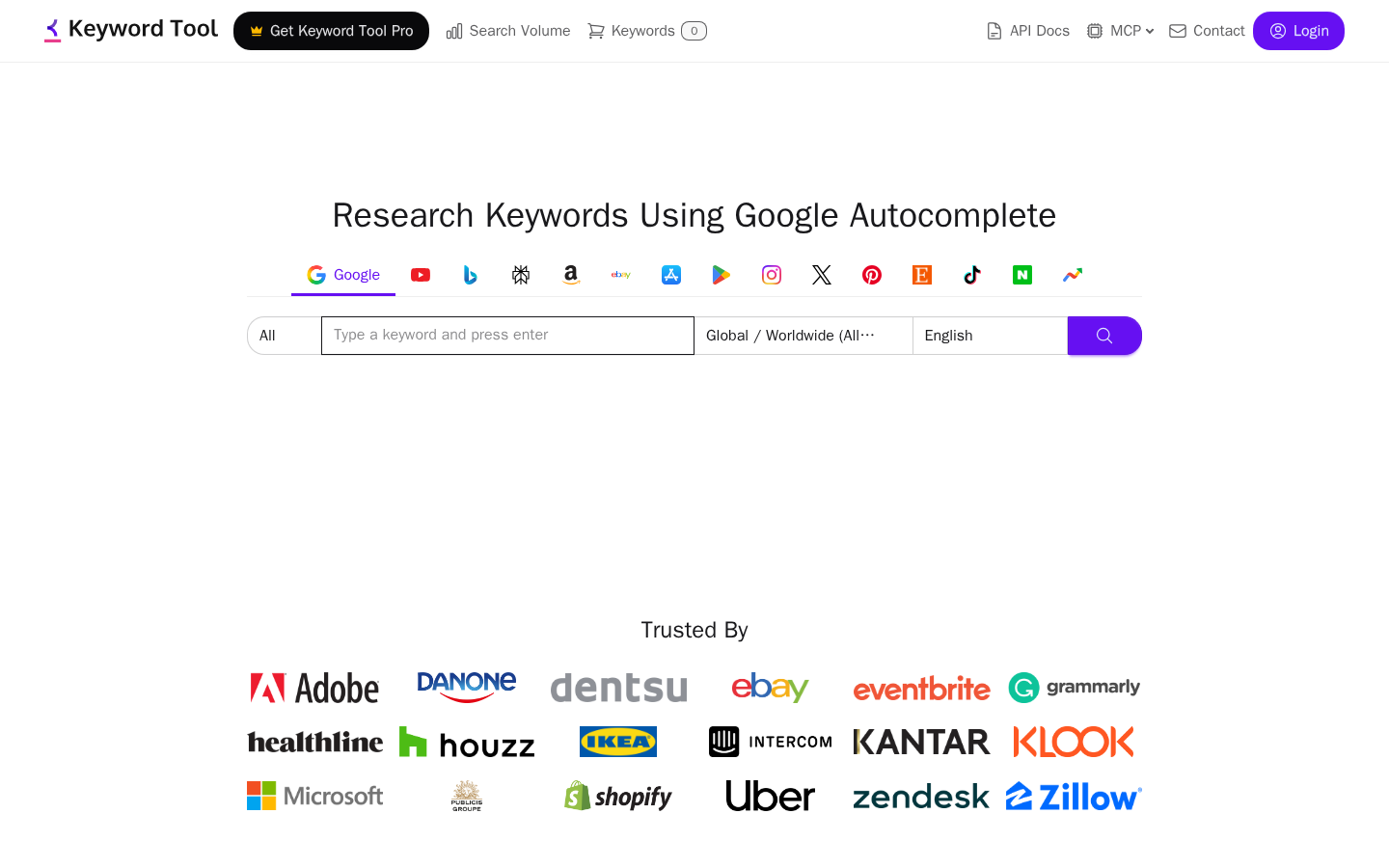 หน้าแรกสาธารณะของ Keyword Tool พร้อมอินเตอร์เฟซวิจัยคีย์เวิร์ด Google Autocomplete