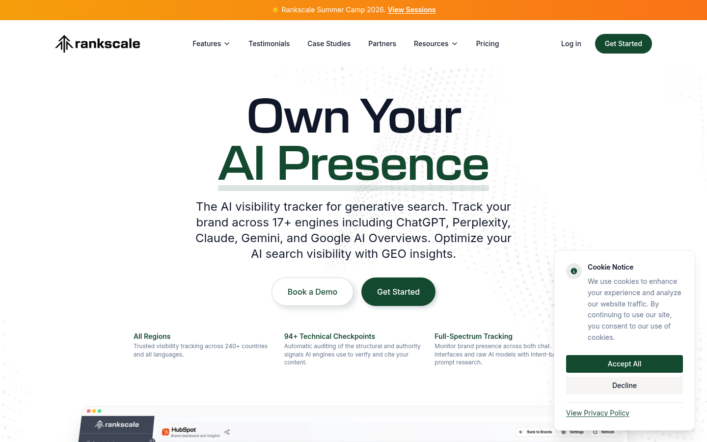 หน้าแรกสาธารณะของ Rankscale แสดงการติดตามการมองเห็นการค้นหา AI และตำแหน่งผลิตภัณฑ์ GEO