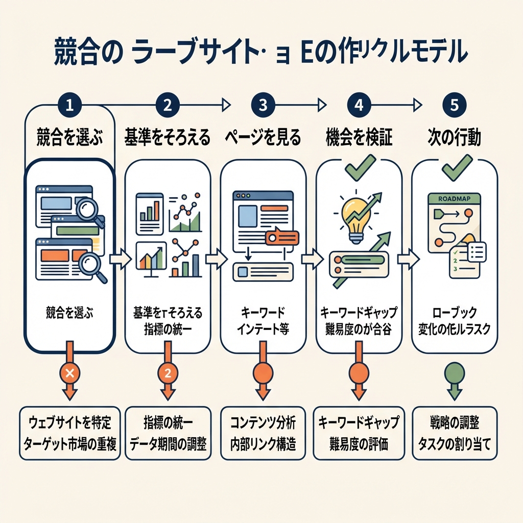 競合の選定、推定値の比較、ページ確認、機会の検証、優先行動までを示す45分の競合調査ワークフロー。