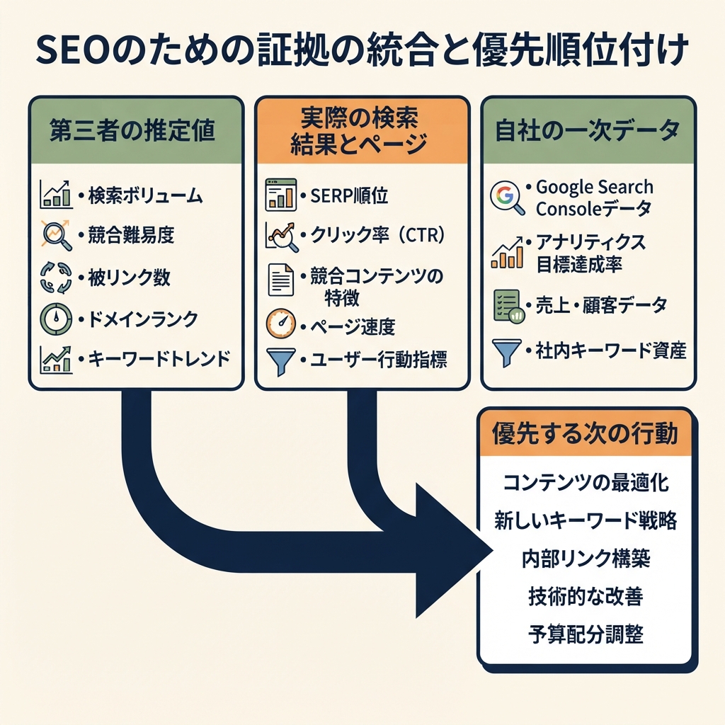 第三者推定値、実際の検索結果とページ、自社のSearch Consoleおよびアナリティクスデータを分けて示す図。