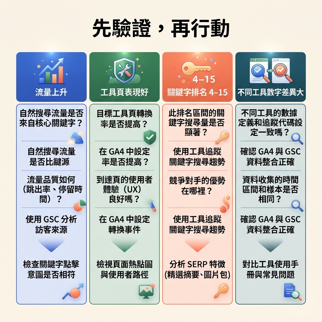 競爭對手流量訊號的驗證與行動矩陣：先檢查頁面和關鍵詞，再決定頁面最佳化或工具機會，避免把估算資料直接當作因果結論。