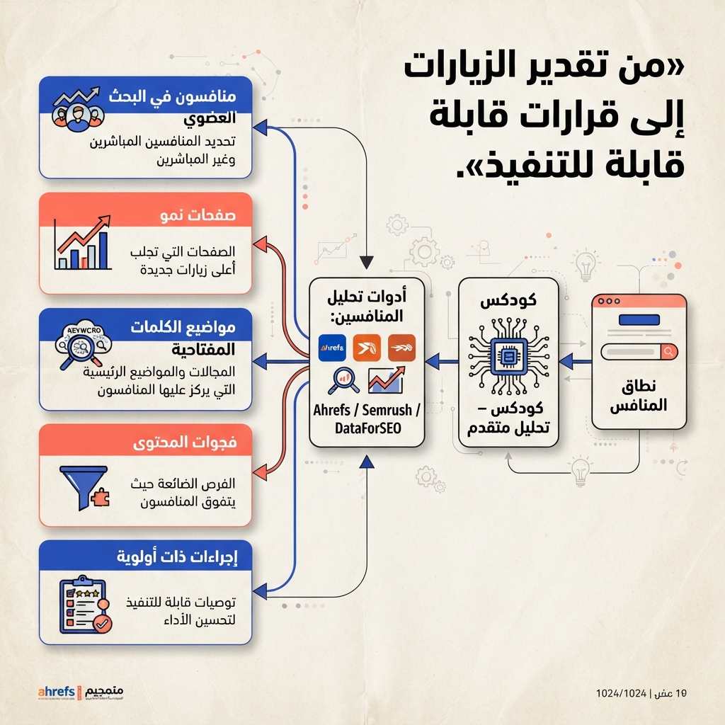 يمر نطاق منافس عبر Codex وAhrefs وSemrush وDataForSEO لينتج منافسين عضويين وصفحات نمو وموضوعات كلمات مفتاحية وفجوات محتوى وإجراءات ذات أولوية.