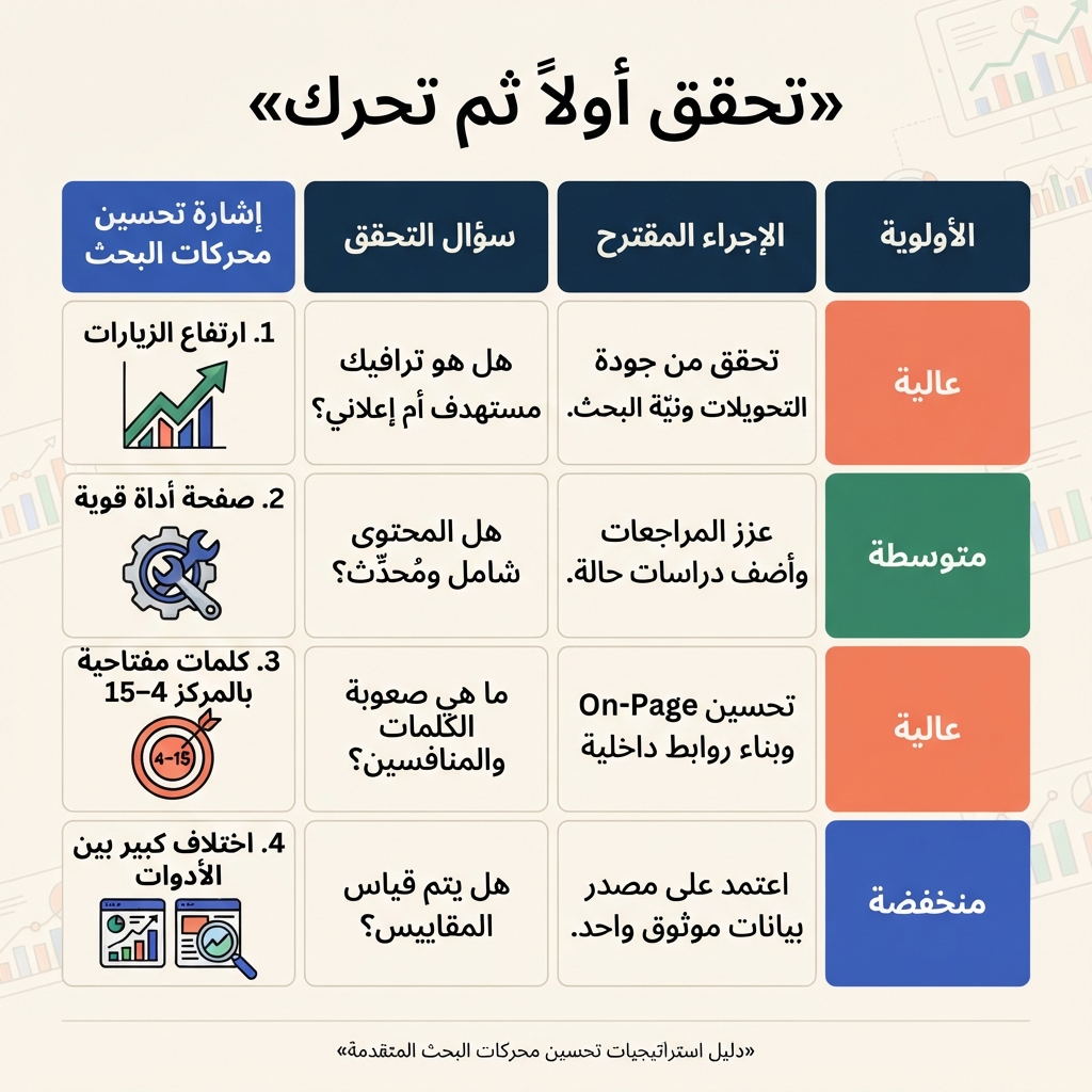مصفوفة قرار تحول إشارات زيارات المنافسين والصفحات الرائجة والكلمات المفتاحية إلى أسئلة تحقق وإجراءات SEO.