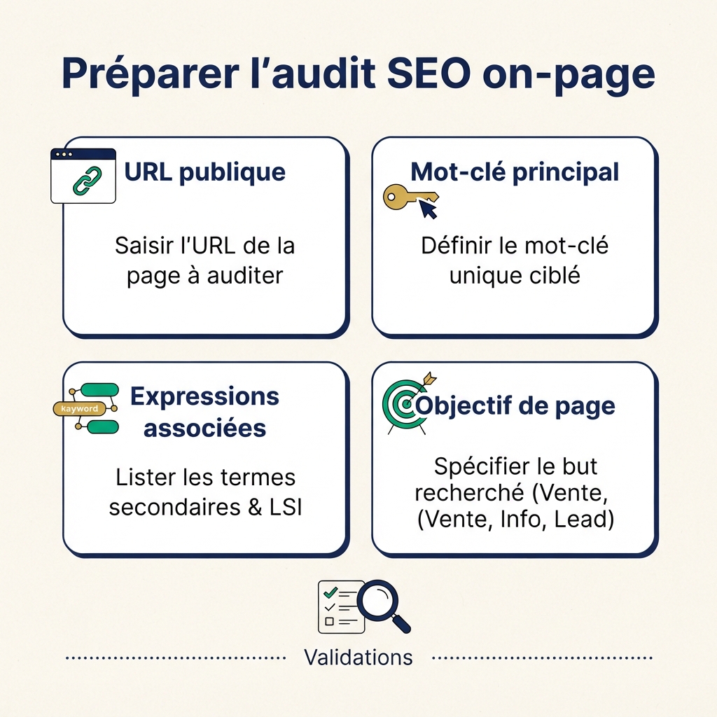 Feuille de travail définissant URL publique, mot-clé principal, formulations associées et objectif de page avant un audit SEO on-page.