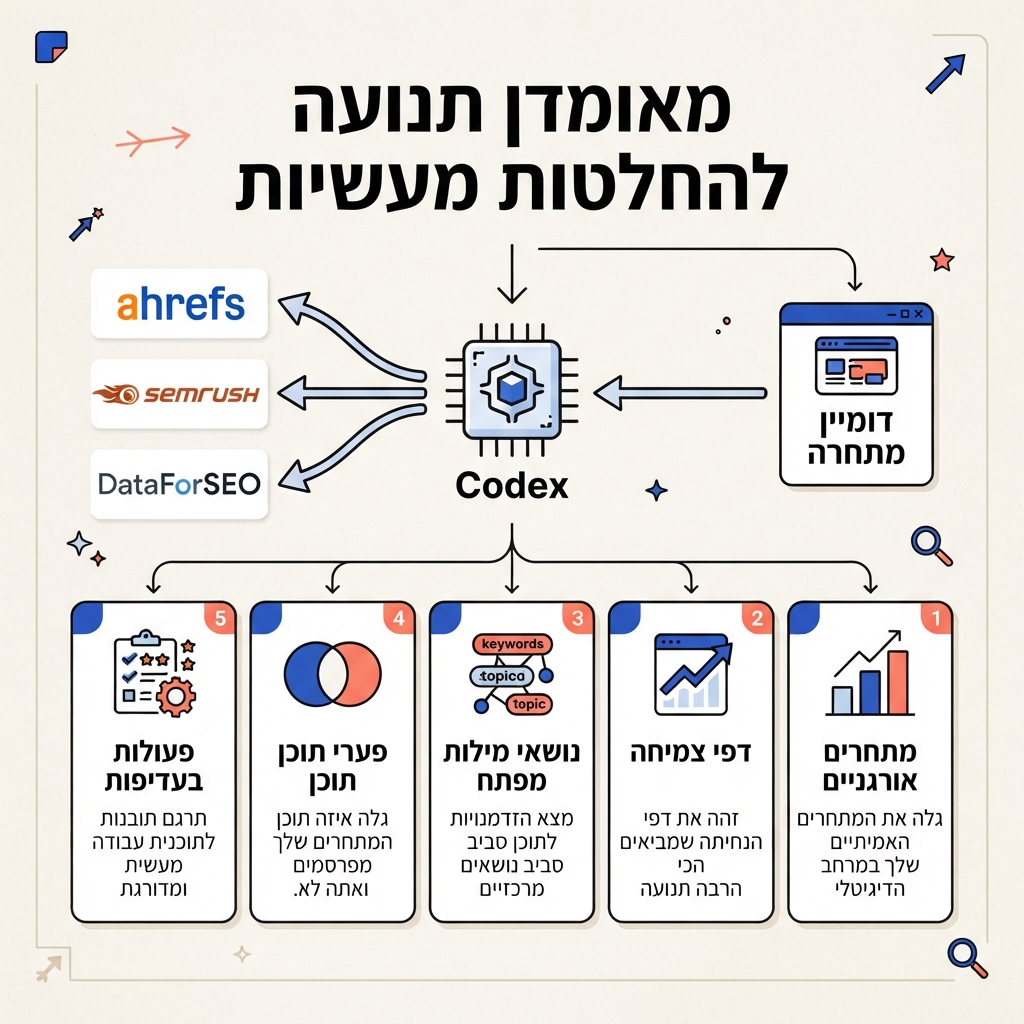 דומיין של מתחרה עובר דרך Codex ו-Ahrefs, Semrush או DataForSEO ומניב מתחרים אורגניים, דפי צמיחה, נושאי מילות מפתח, פערי תוכן ופעולות מתועדפות.