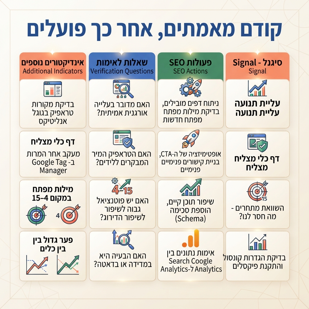 מטריצת החלטה ממירה אותות תנועת מתחרים, דפים מובילים ומילות מפתח לשאלות אימות ולפעולות SEO.