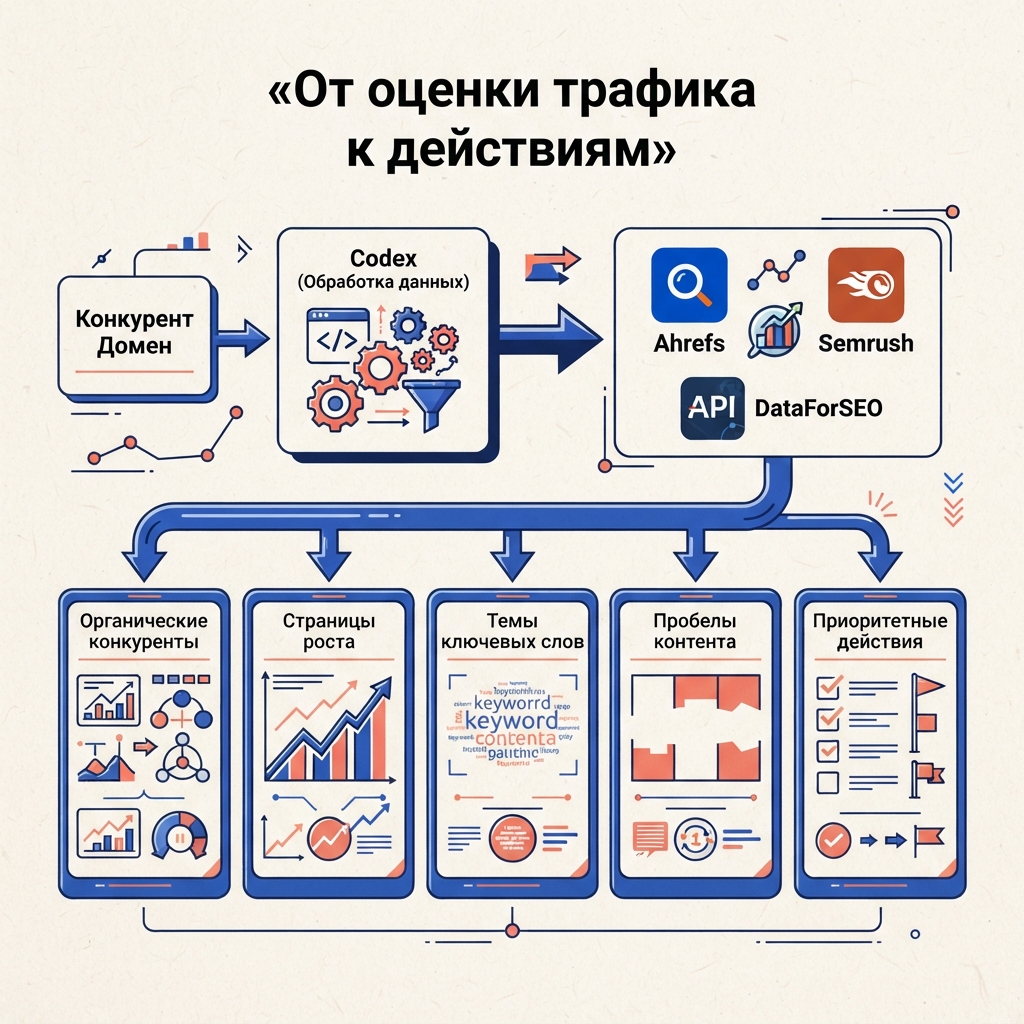 Домен конкурента проходит через Codex и Ahrefs, Semrush или DataForSEO, после чего формируются органические конкуренты, страницы роста, темы ключевых слов, контентные пробелы и приоритетные действия.