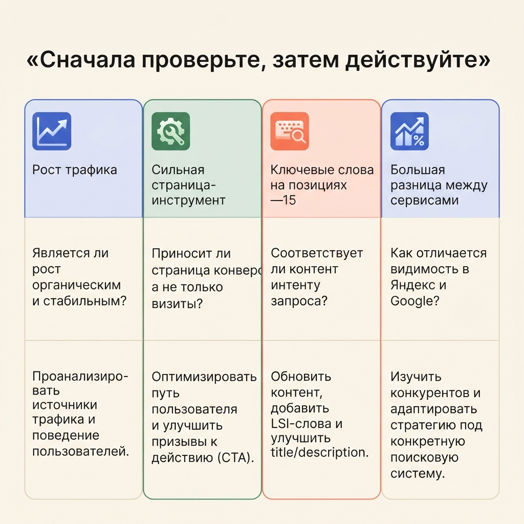 Матрица решений превращает сигналы трафика конкурента, лучших страниц и ключевых слов в вопросы для проверки и SEO-действия.