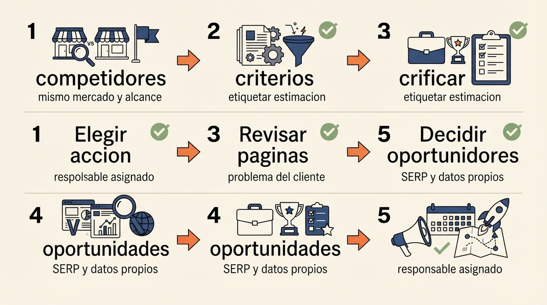 Flujo de investigación de competidores de 45 minutos: elegir competidores, comparar estimaciones, revisar páginas, validar oportunidades y priorizar una acción.