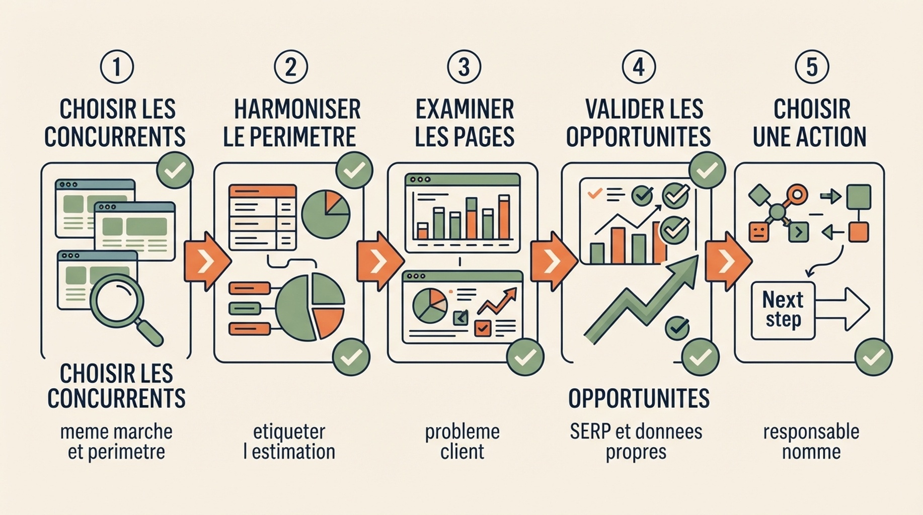 Workflow de recherche concurrentielle en 45 minutes : sélection des concurrents, estimations, analyse des pages, validation des opportunités et action prioritaire.
