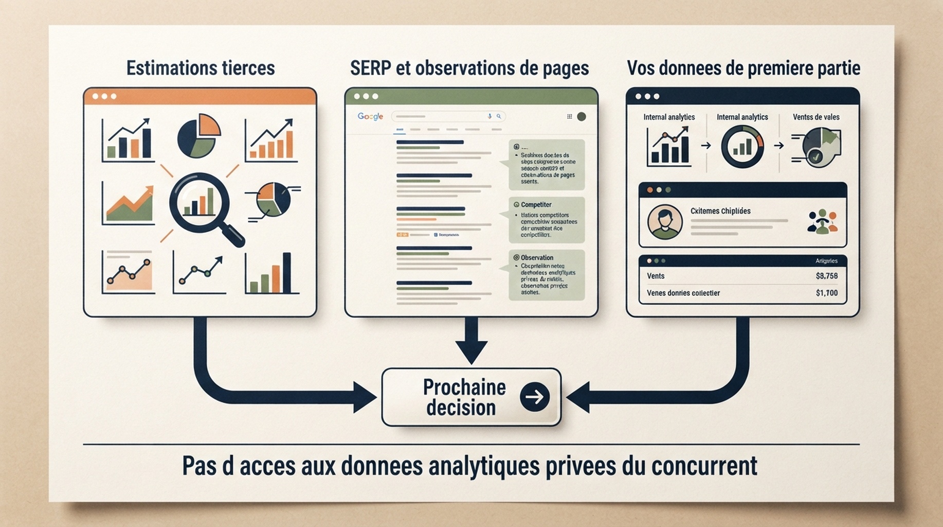 Diagramme séparant les estimations tierces, les observations de recherche en direct et les données propriétaires de Search Console et d'analytics.